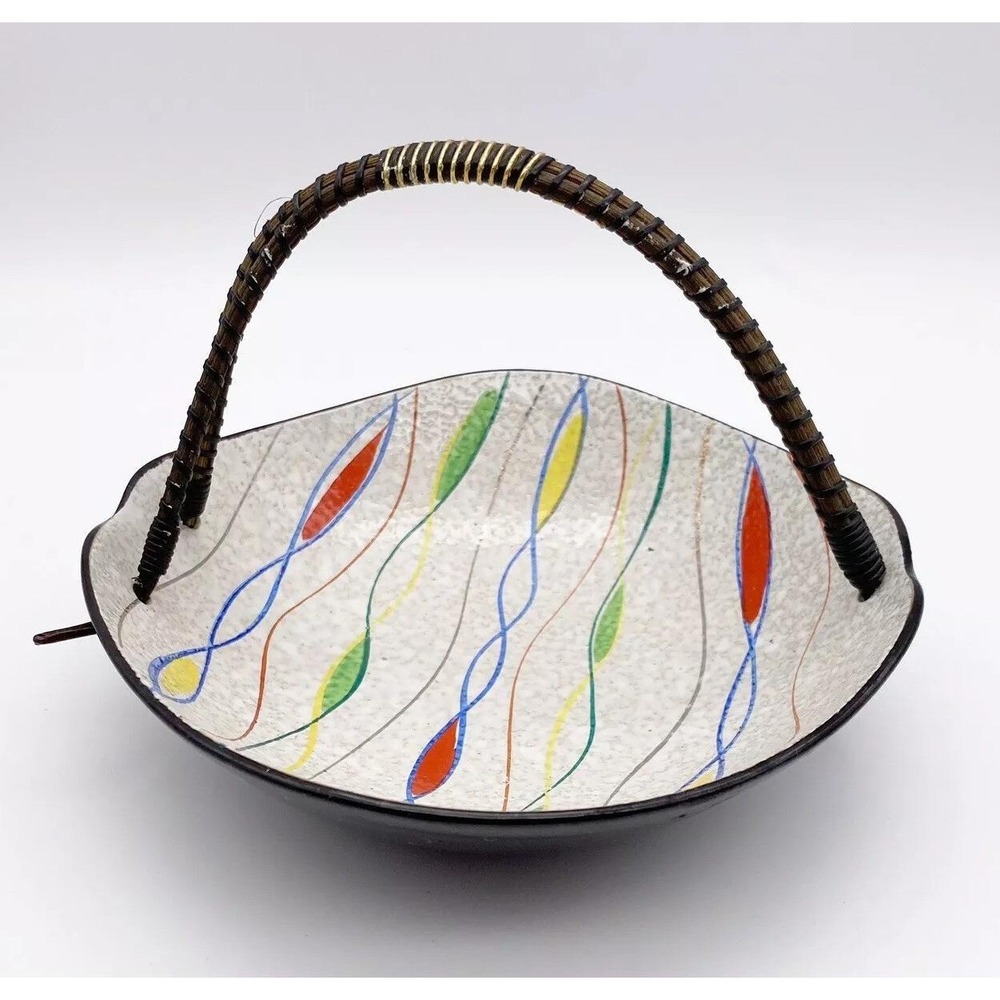 Vintage Napco Trinket Dish Bamboo Handle MCM Red Blue Yellow Green Silver
